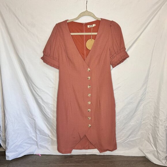 Essue Rust Button-Front Midi Dress with Ruffle Sleeves – Size Small - Picture 1 of 5